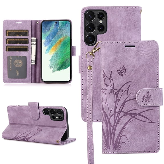 Allytech Wallet Flip Case for Samsung Galaxy S22 Ultra with Orchid Butterflies Embossed Pattern, Premium PU Leather Kickstand Magnetic Clasp Shockproof Case with Card Holder & Wrist Strap, Purple