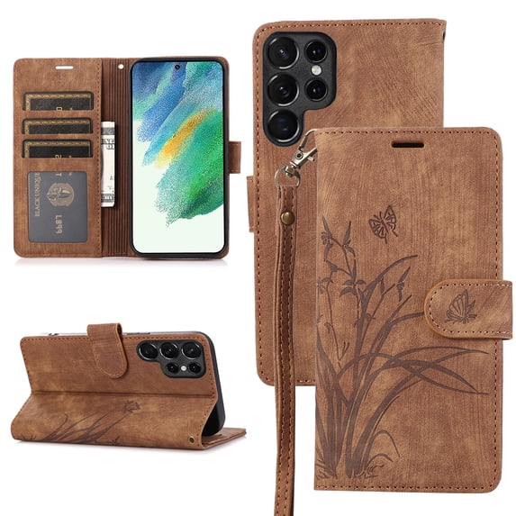Allytech Wallet Flip Case for Samsung Galaxy S22 Ultra with Orchid Butterflies Embossed Pattern, Premium PU Leather Kickstand Magnetic Clasp Shockproof Case with Card Holder & Wrist Strap, Brown