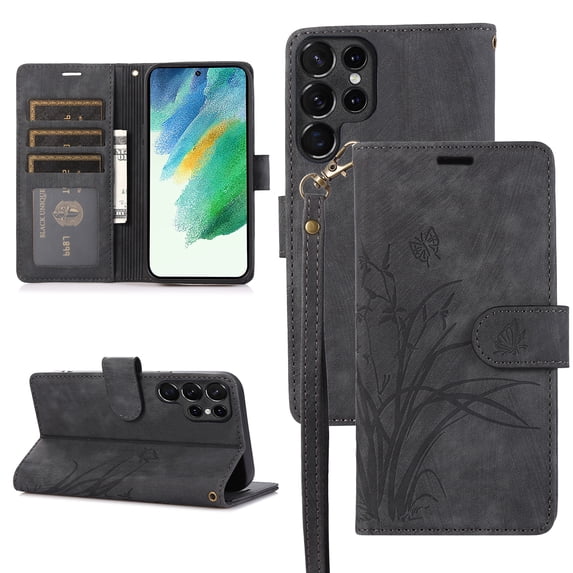 Allytech Wallet Flip Case for Samsung Galaxy S22 Ultra with Orchid Butterflies Embossed Pattern, Premium PU Leather Kickstand Magnetic Clasp Shockproof Case with Card Holder & Wrist Strap, Black