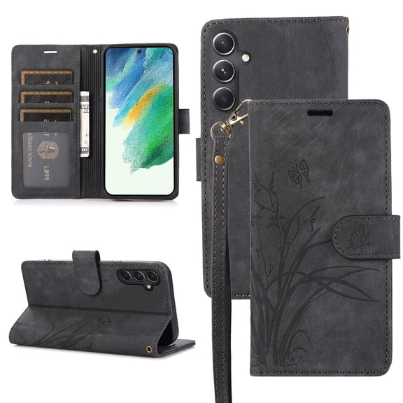 Allytech Wallet Flip Case for Samsung Galaxy S23 FE with Orchid Butterflies Embossed Pattern, Premium PU Leather Kickstand Magnetic Clasp Shockproof Case with Card Holder & Wrist Strap, Black