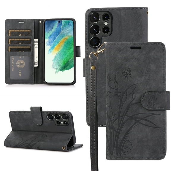 Allytech Wallet Flip Case for Samsung Galaxy S23 Ultra with Orchid Butterflies Embossed Pattern, Premium PU Leather Kickstand Magnetic Clasp Shockproof Case with Card Holder & Wrist Strap, Black