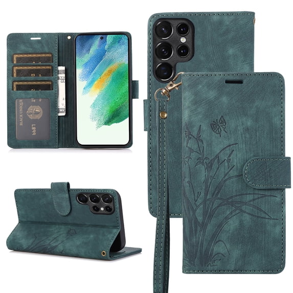 Allytech Wallet Flip Case for Samsung Galaxy S23 Ultra with Orchid Butterflies Embossed Pattern, Premium PU Leather Kickstand Magnetic Clasp Shockproof Case with Card Holder & Wrist Strap, Green