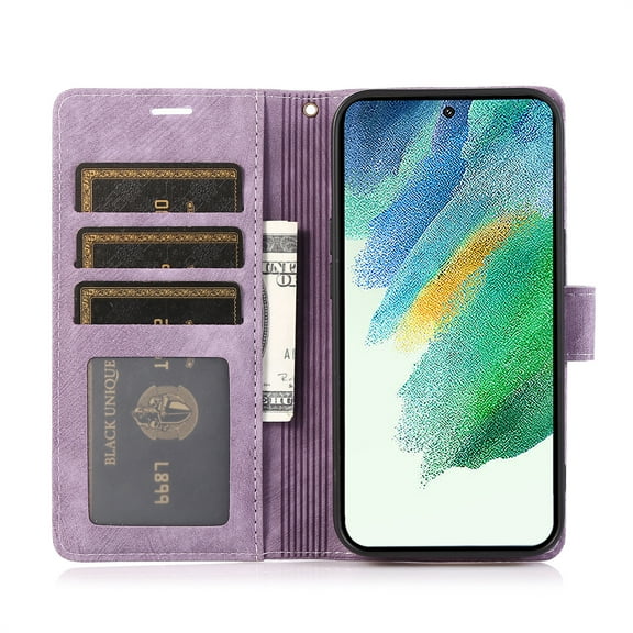 Allytech Wallet Flip Case for Samsung Galaxy S24 Plus with Orchid Butterflies Embossed Pattern, Premium PU Leather Kickstand Magnetic Clasp Shockproof Case with Card Holder & Wrist Strap, Purple