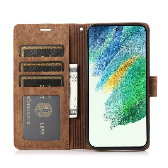 Allytech Wallet Flip Case for Samsung Galaxy S24 Plus with Orchid Butterflies Embossed Pattern, Premium PU Leather Kickstand Magnetic Clasp Shockproof Case with Card Holder & Wrist Strap, Brown