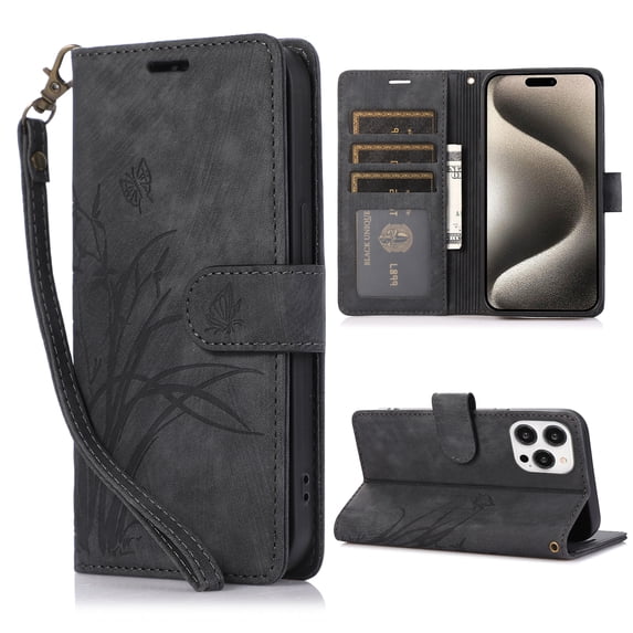 Allytech Wallet Flip Case for iPhone 13 Pro Max with Orchid Butterflies Embossed Pattern, Premium PU Leather Kickstand Magnetic Clasp Shockproof Case with Card Holder & Wrist Strap, Black