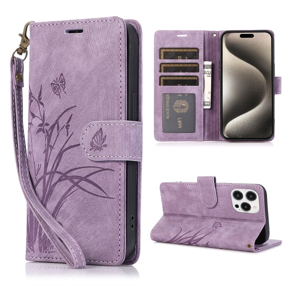 Allytech Wallet Flip Case for iPhone 13 Pro Max with Orchid Butterflies Embossed Pattern, Premium PU Leather Kickstand Magnetic Clasp Shockproof Case with Card Holder & Wrist Strap, Purple