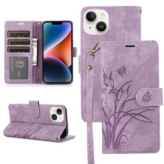 Allytech Wallet Flip Case for iPhone 15 Plus with Orchid Butterflies Embossed Pattern, Premium PU Leather Kickstand Magnetic Clasp Shockproof Case with Card Holder & Wrist Strap, Purple