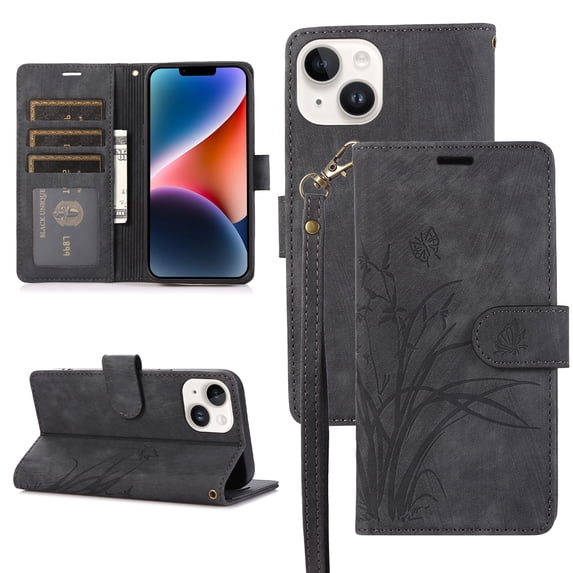 Allytech Wallet Flip Case for iPhone 15 Plus with Orchid Butterflies Embossed Pattern, Premium PU Leather Kickstand Magnetic Clasp Shockproof Case with Card Holder & Wrist Strap, Black