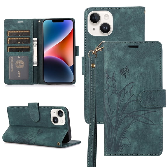 Allytech Wallet Flip Case for iPhone 15 Plus with Orchid Butterflies Embossed Pattern, Premium PU Leather Kickstand Magnetic Clasp Shockproof Case with Card Holder & Wrist Strap, Green