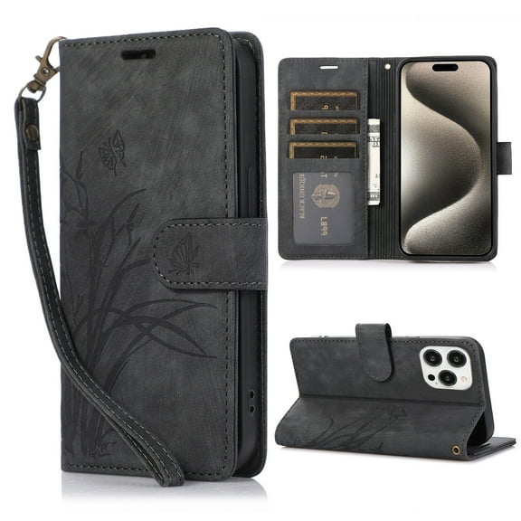 Allytech Wallet Flip Case for iPhone 15 Pro Max with Orchid Butterflies Embossed Pattern, Premium PU Leather Kickstand Magnetic Clasp Shockproof Case with Card Holder & Wrist Strap, Black