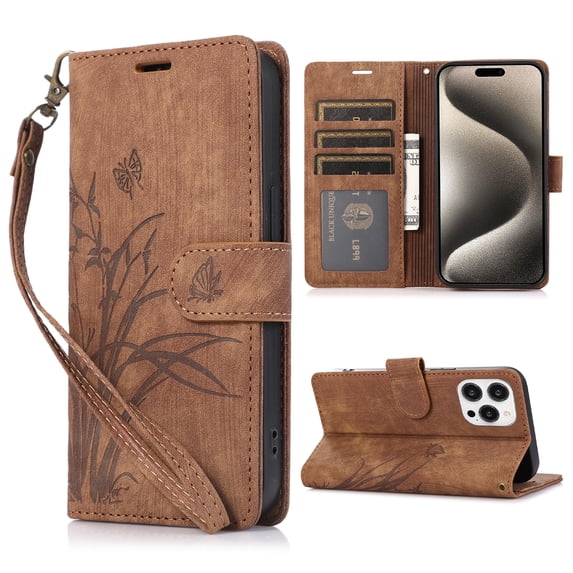 Allytech Wallet Flip Case for iPhone 15 Pro Max with Orchid Butterflies Embossed Pattern, Premium PU Leather Kickstand Magnetic Clasp Shockproof Case with Card Holder & Wrist Strap, Brown