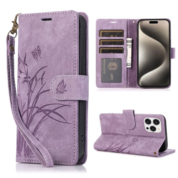 Allytech Wallet Flip Case for iPhone 15 Pro Max with Orchid Butterflies Embossed Pattern, Premium PU Leather Kickstand Magnetic Clasp Shockproof Case with Card Holder & Wrist Strap, Purple