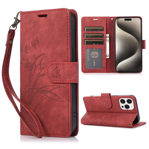 Allytech Wallet Flip Case for iPhone 15 Pro with Orchid Butterflies Embossed Pattern, Premium PU Leather Kickstand Magnetic Clasp Shockproof Case with Card Holder & Wrist Strap, Red