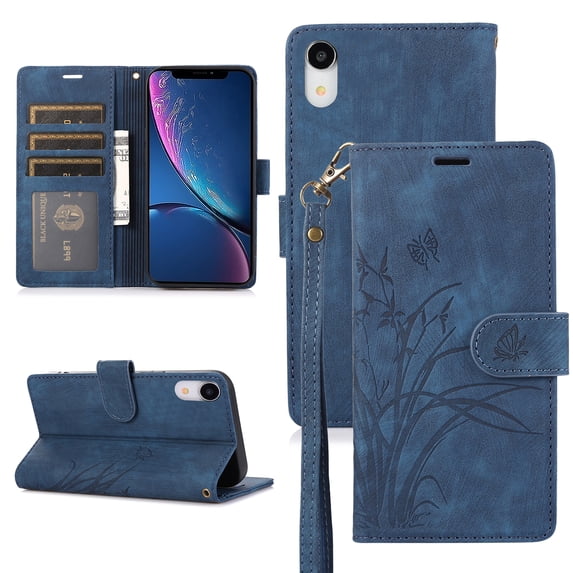 Allytech Wallet Flip Case for iPhone XR with Orchid Butterflies Embossed Pattern, Premium PU Leather Kickstand Magnetic Clasp Shockproof Case with Card Holder & Wrist Strap, Blue