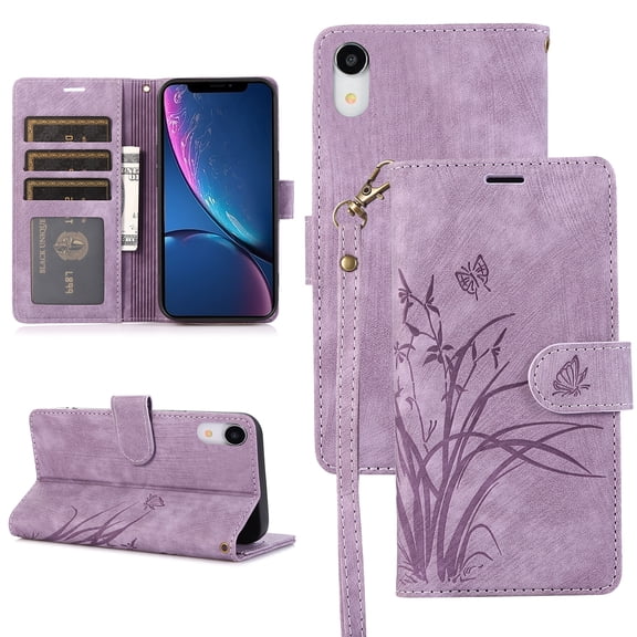 Allytech Wallet Flip Case for iPhone XR with Orchid Butterflies Embossed Pattern, Premium PU Leather Kickstand Magnetic Clasp Shockproof Case with Card Holder & Wrist Strap, Purple