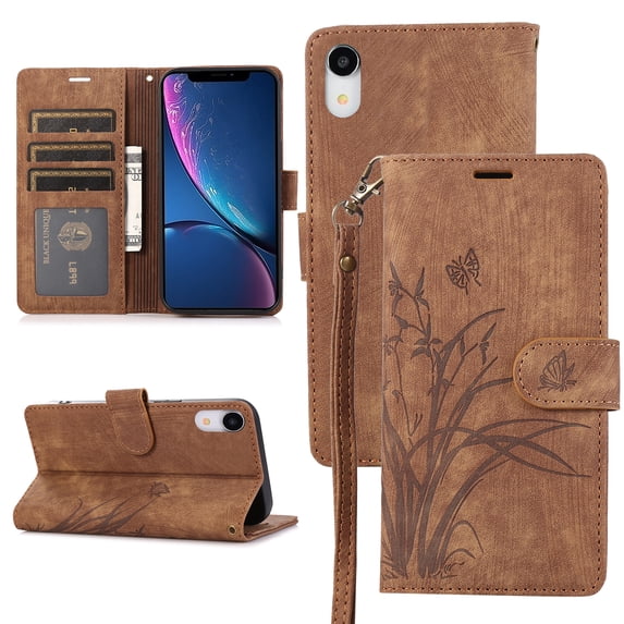 Allytech Wallet Flip Case for iPhone XR with Orchid Butterflies Embossed Pattern, Premium PU Leather Kickstand Magnetic Clasp Shockproof Case with Card Holder & Wrist Strap, Brown