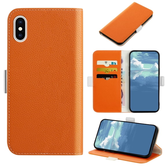 Allytech Wallet Phone Case For iPhone XS/iPhone X, Candy Color PU Leather ID Cash Credit Card Slots Holder Magnetic Folio Flip Kickstand Cover,Orange