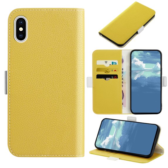 Allytech Wallet Phone Case For iPhone XS/iPhone X, Candy Color PU Leather ID Cash Credit Card Slots Holder Magnetic Folio Flip Kickstand Cover,Yellow