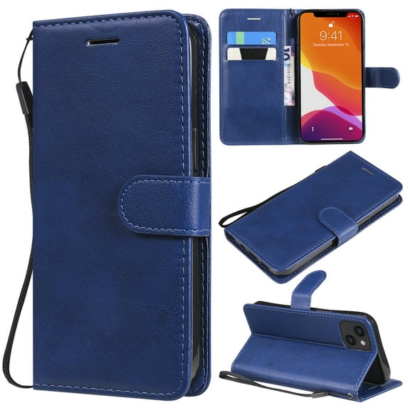 Allytech Wallet Phone Case for iPhone 15, Retro PU Leather Flip Folio Stand Cards Holder Wallet Case Cover with Hand Wrist Shockproof Protective Case for Apple iPhone 15 - Blue