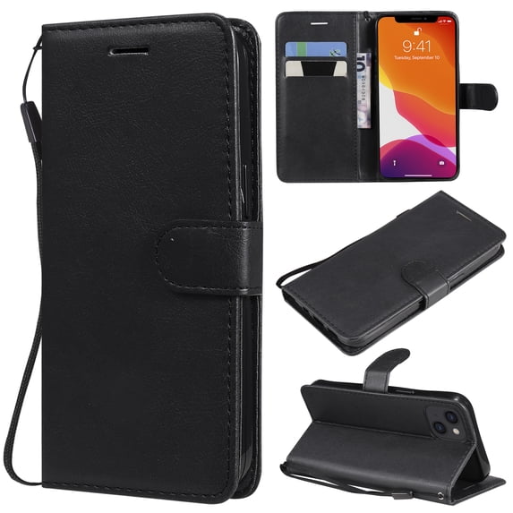 Allytech Wallet Phone Case for iPhone 15, Retro PU Leather Flip Folio Stand Cards Holder Wallet Case Cover with Hand Wrist Shockproof Protective Case for Apple iPhone 15 - Black