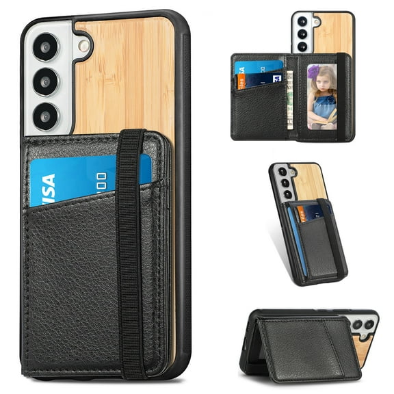 Allytech Wooden Case for Samsung Galaxy S22 Plus/ Galaxy S22+ 5G 2022(6.6"), Detachable Magnetic Back Wallet Card Slots Shockproof Protective Folio Stand Case for Samsung Galaxy S22 Plus 2022, Bamboo