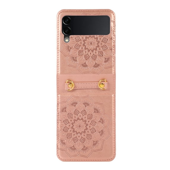 Allytech Z Flip 3 Case, Samsung Galaxy Z Flip 3 5G Phone Case, PU Leather Mandala Embossed Shockproof Protective Shoulder Strap Case Cover for Samsung Galaxy Z Flip 3 2021, Rosegold