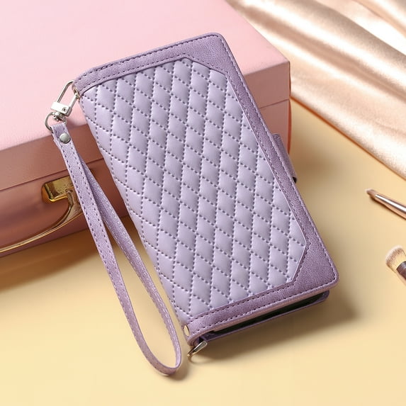 Allytech Zipper Magnetic Wallet Case for Samsung Galaxy S10E 5.8 Inch, Wrist Strap Holder Card Slot Drop Resistant Scratch Leather Wallet Cover, Purple