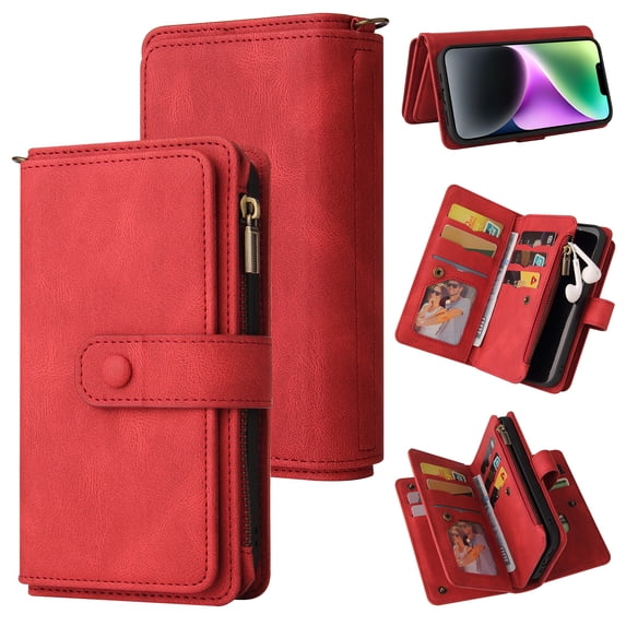 Allytech Zipper Pocket Case for iPhone 15, Flip PU Leather Wallet Cover with Card Slots & Hand Strap, Shockproof Kickstand Magnetic Buckle Protective Stylish Cover for iPhone 15, Red