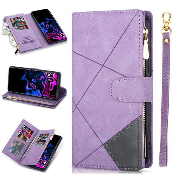 Allytech Zipper Storage Design Wallet Case for Samsung Galaxy S23 Plus 5G, PU Leather Flip Stand Magnetic Clasp Muliti-Card Slots Holster Case with Lanyard for Galaxy S23 Plus/S23+, Purple