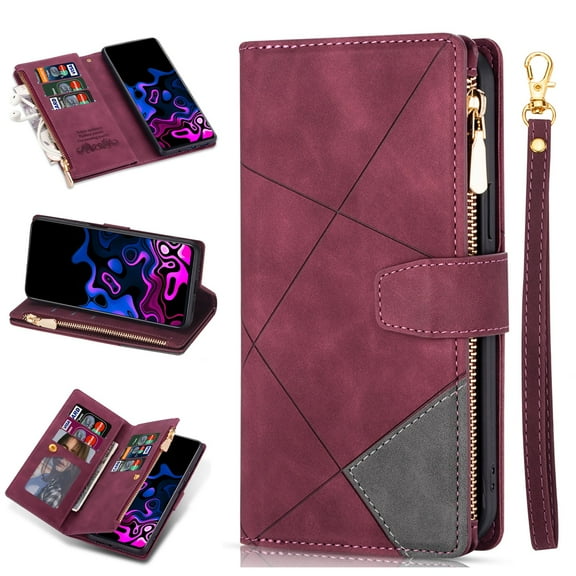 Allytech Zipper Storage Design Wallet Case for Samsung Galaxy S23 Ultra 5G, PU Leather Flip Stand Magnetic Clasp Muliti-Card Slots Holster Case with Lanyard for Galaxy S23 Ultra, Winered