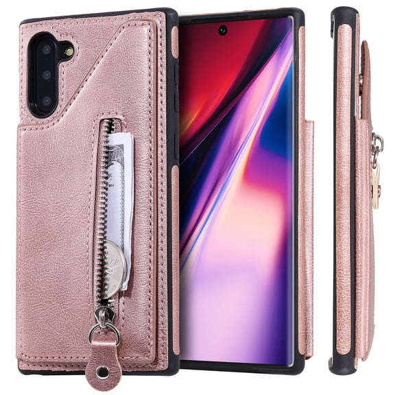 Allytech Zipper Wallet Case for Galaxy Note 10 6.3", Slim Back Cover with Cards Holder Zipper Kickstand Shockproof Wallet Case Cover TPU Shell for Samsung Galaxy Note 10 2019 Cell Phone, Rosegold