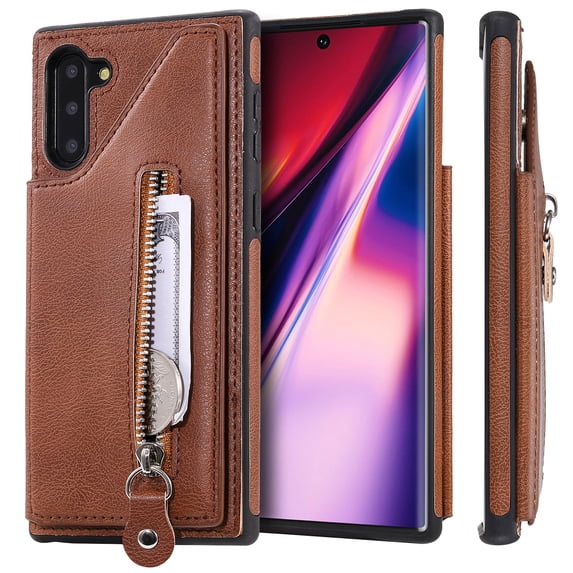 Allytech Zipper Wallet Case for Galaxy Note 10 6.3", Slim Back Cover with Cards Holder Zipper Kickstand Shockproof Wallet Case Cover TPU Shell for Samsung Galaxy Note 10 2019 Cell Phone, Brown