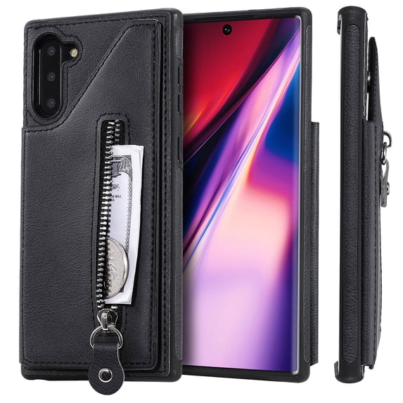 Allytech Zipper Wallet Case for Galaxy Note 10 6.3", Slim Back Cover with Cards Holder Zipper Kickstand Shockproof Wallet Case Cover TPU Shell for Samsung Galaxy Note 10 2019 Cell Phone, Black