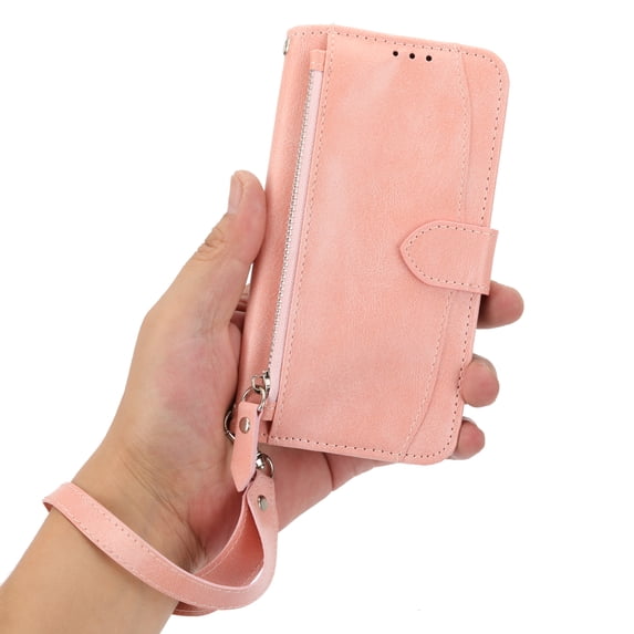 Allytech Zipper Wallet Case for Samsung Galaxy A72 4G/5G, Card Slots Holder Magnetic Closure Stand Detachable Hand Strap Case for Samsung Galaxy A72 6.7 inch, Pink