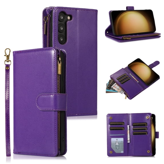 Allytech Zipper Wallet Case for Samsung Galaxy S23 Plus, Luxury PU Leather Slim Cover with Card Slots & Kickstand & Lanyard, Soft TPU Shockproof Anti-Drop Magnetic Clasp Protective Case - Purple