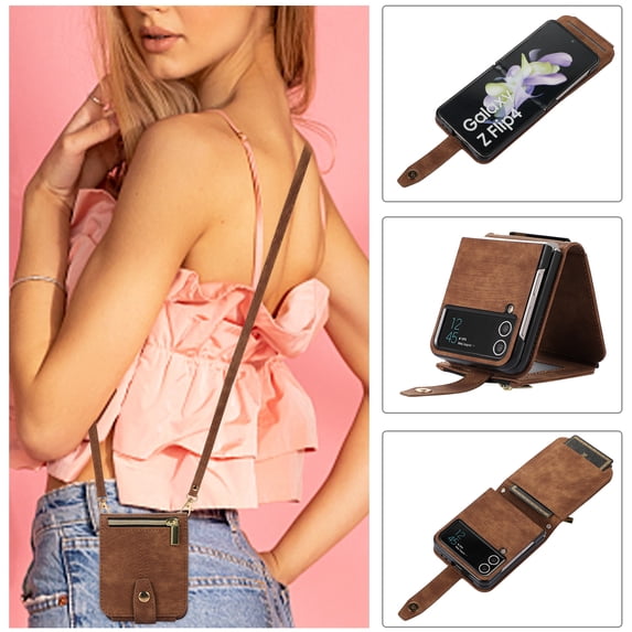 Allytech Zipper Wallet Case for Samsung Galaxy Z Flip4 with Wrist Strap & Shoulder Strap, Premium PU Leather Card Slots Kickstand Magnetic Clasp Shockproof Protective Cover Case - Brown