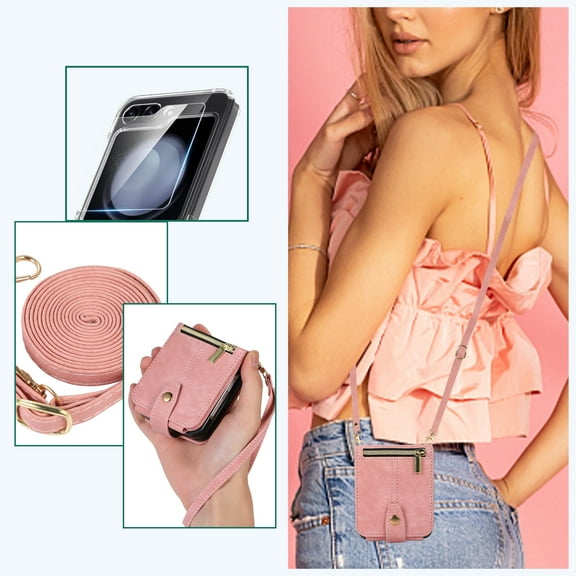 Allytech Zipper Wallet Case for Samsung Galaxy Z Flip5 5G, With Outer Tempered Glass Screen Protector +Hand Wrist + Shoulder Strap Protective Case Cover Compatible with Galaxy Z Flip5 2023 - Pink