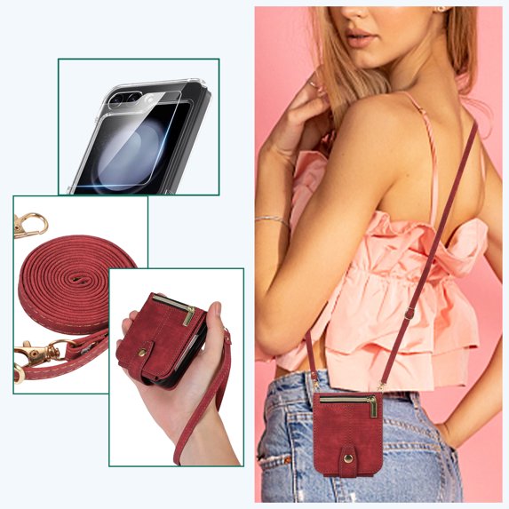 Allytech Zipper Wallet Case for Samsung Galaxy Z Flip6 6G, With Outer Tempered Glass Screen Protector +Hand Wrist + Shoulder Strap Protective Case Cover Compatible with Galaxy Z Flip6 2024 - Red