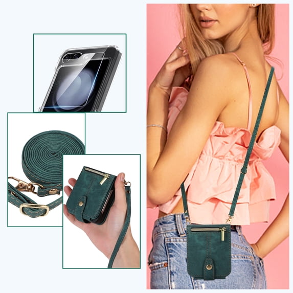 Allytech Zipper Wallet Case for Samsung Galaxy Z Flip6 6G, With Outer Tempered Glass Screen Protector +Hand Wrist + Shoulder Strap Protective Case Cover Compatible with Galaxy Z Flip6 2024 - Darkgreen