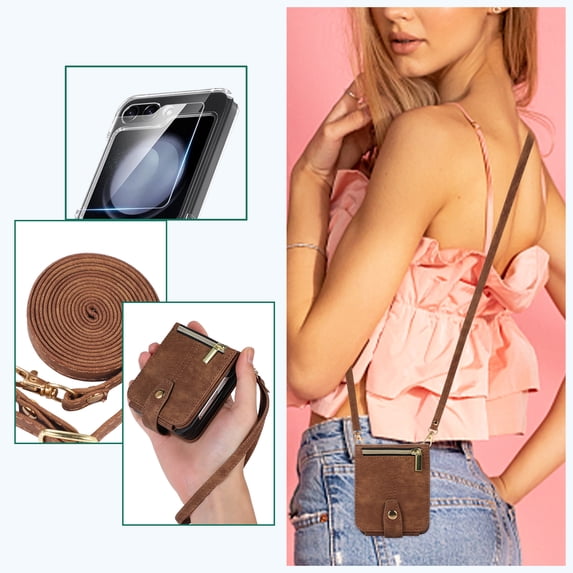 Allytech Zipper Wallet Case for Samsung Galaxy Z Flip6 6G, With Outer Tempered Glass Screen Protector +Hand Wrist + Shoulder Strap Protective Case Cover Compatible with Galaxy Z Flip6 2024 - Brown