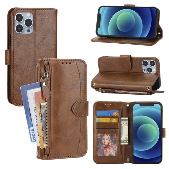 Allytech Zipper Wallet Case for iPhone 12 Pro Max PU Leather Purse Case with Crossbody Shoulder Strap Card Slots Kickstand Magnetic Protective Case For iPhone 12 Pro Max,Brown