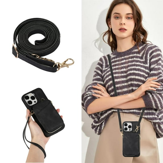 Allytech Zipper Wallet Case for iPhone 14, Kickstand Handbag Phone Case Cover with Card Holder & Crossbody Shoulder Lanyard Strap & Wrist Strap for Women Men for Apple iPhone 14 5G 6.1" 2022, Black