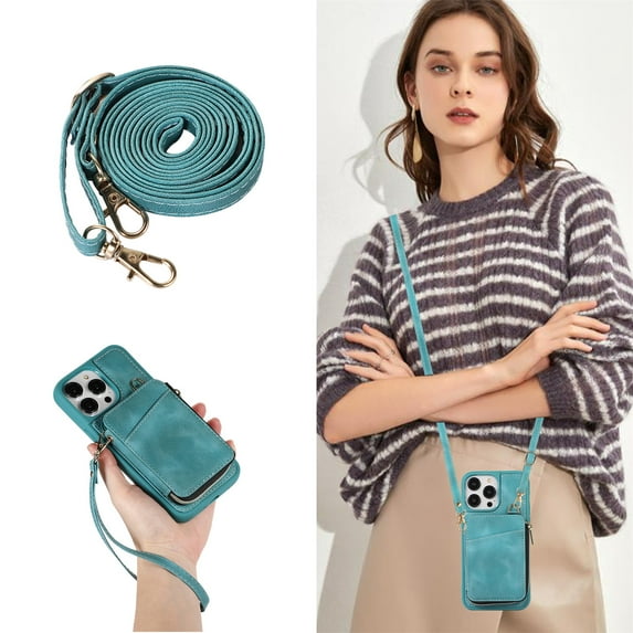 Allytech Zipper Wallet Case for iPhone 14, Kickstand Handbag Phone Case Cover with Card Holder & Crossbody Shoulder Lanyard Strap & Wrist Strap for Women Men for Apple iPhone 14 5G 6.1" 2022, Blue