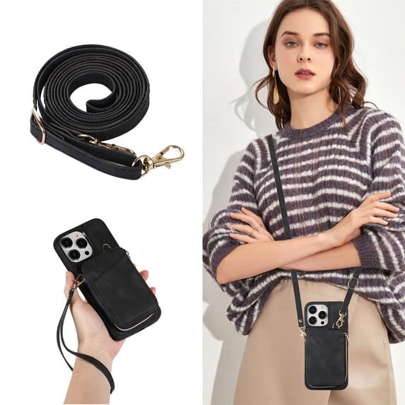 Allytech Zipper Wallet Case for iPhone 14 Plus, Handbag Phone Case Cover with Card Holder & Crossbody Shoulder Lanyard Strap & Wrist Strap for Women Men for Apple iPhone 14 Plus 5G 6.7" 2022, Black