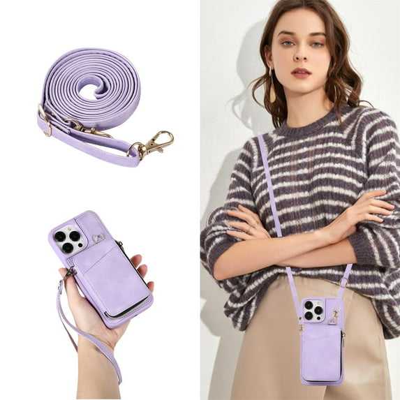 Allytech Zipper Wallet Case for iPhone 14 Pro, Handbag Phone Case Cover with Card Holder & Crossbody Shoulder Lanyard Strap & Wrist Strap for Women Men for Apple iPhone 14 Pro 5G 6.1" 2022, Purple