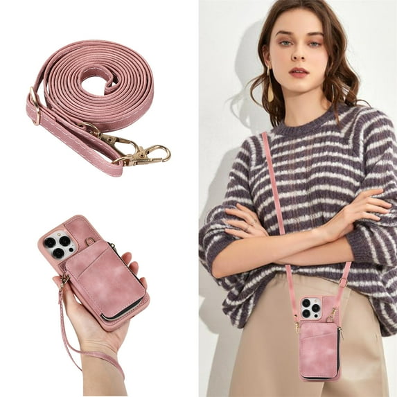 Allytech Zipper Wallet Case for iPhone 14 Pro, Handbag Phone Case Cover with Card Holder & Crossbody Shoulder Lanyard Strap & Wrist Strap for Women Men for Apple iPhone 14 Pro 5G 6.1" 2022, Pink
