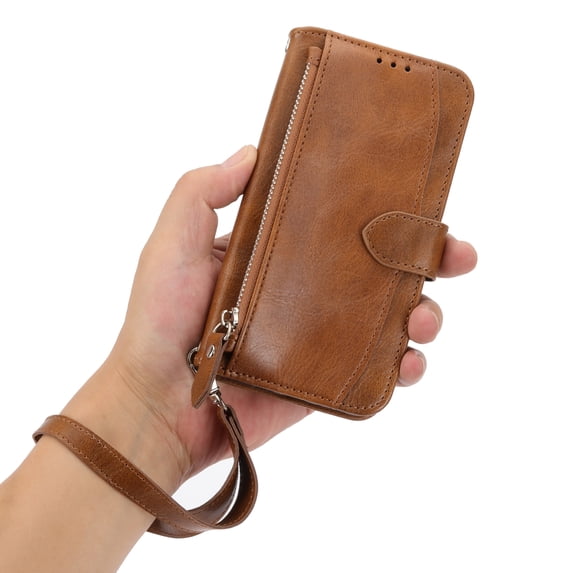 Allytech Zipper Wallet Case for iPhone XS Max PU Leather Purse Case with Hand Strap Card Slots Kickstand Magnetic Protective Case For iPhone XS Max,Brown