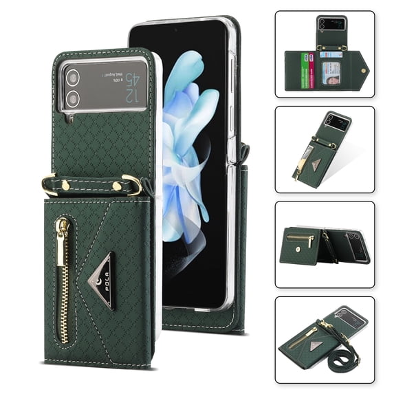 Allytech Zipper Wallet Purse for Samsung Galaxy Z Flip 4 5G Crossbody with Credit Card Holder Strap Lanyard Women Kickstand Flip Leather Case Cover, Darkgreen