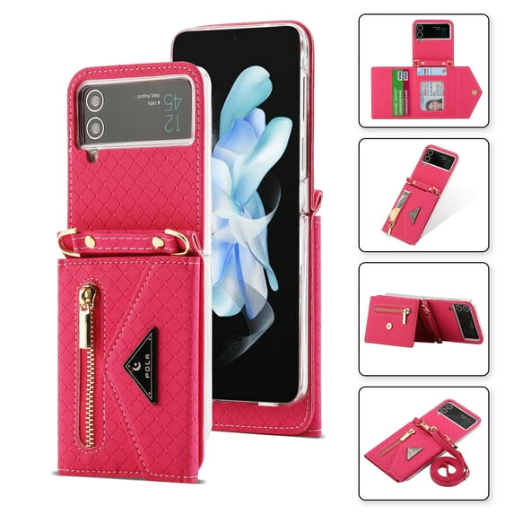 Allytech Zipper Wallet Purse for Samsung Galaxy Z Flip 4 5G Crossbody with Credit Card Holder Strap Lanyard Women Kickstand Flip Leather Case Cover, Rose