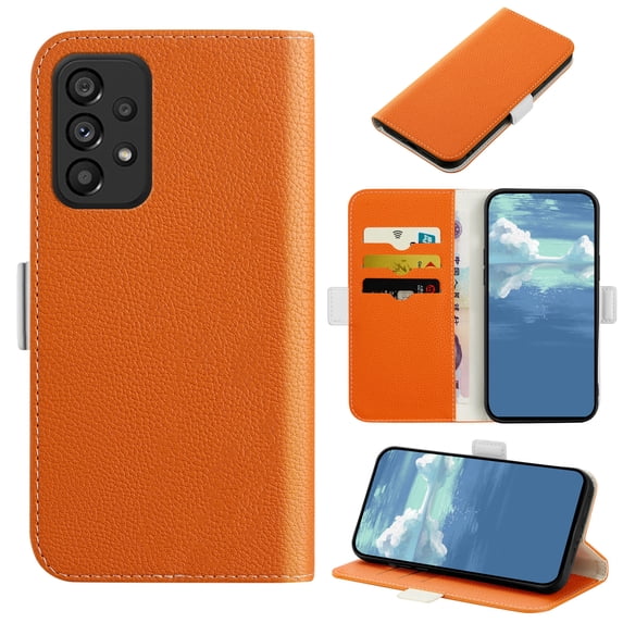 Allytech for Samsung Galaxy A72 Wallet Case, Lychee Texture Leather Card Cash Slots Holder Magnetic Flip Folio Phone Cover2,Orange
